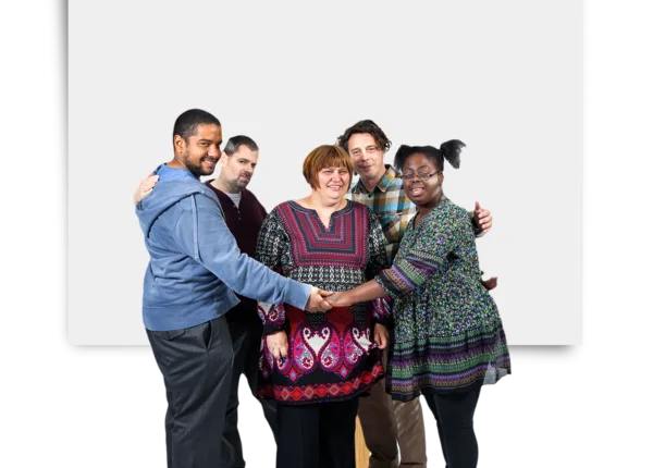 group of 5 smiling people from different gender and background holding hands and close together
