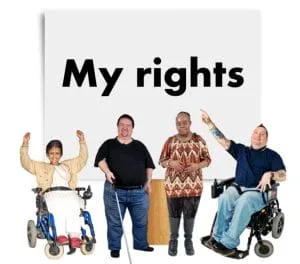 group of 4 people with different disabilities, including 2 wheelchair users, 1 person with a walking stick and anothe person with non-sisible disabilities are in from of a white background where the word my rights is written in capital letters.