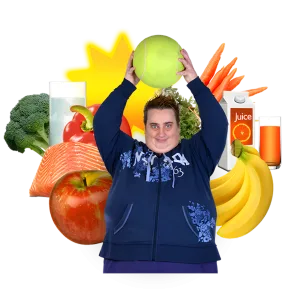 Picture of a person holding a ball, with different types of food in the background, bananas, salmon, juice, to represent the Healthy Living training.