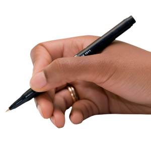 A close-up of a hand holding a black pen.