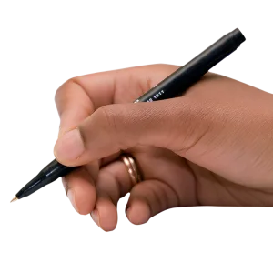A close-up of a hand holding a black pen.