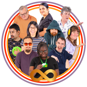 A diverse group of nine people stand together with a golden infinity symbol below them.