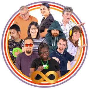 A diverse group of nine people stand together with a golden infinity symbol below them.
