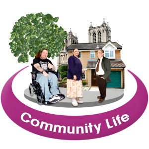 Three people in front of a house and church with 'Community Life' text.