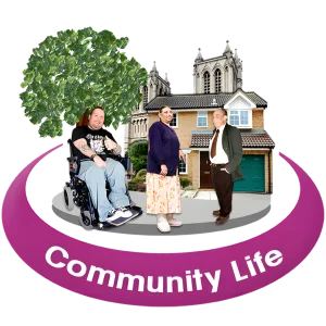 Three people in front of a house and church with 'Community Life' text.