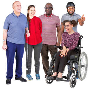 Group of five diverse individuals with disabilities smiling and standing together.