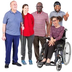 Group of five diverse individuals with disabilities smiling and standing together.