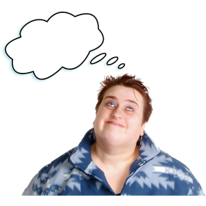 Person in a blue and white fleece jacket looking up with a thought bubble above their head.
