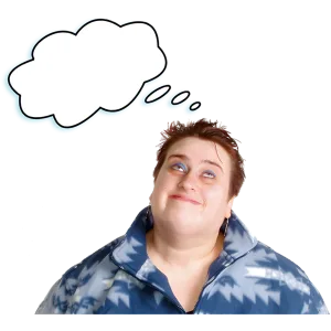 Person in a blue and white fleece jacket looking up with a thought bubble above their head.