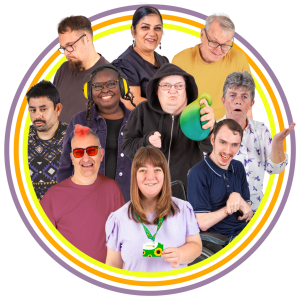 A diverse group of ten people with various expressions and accessories in a circular arrangement.
