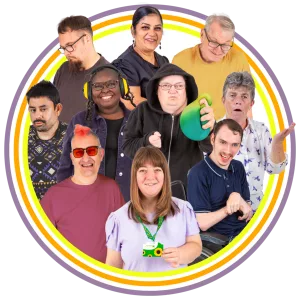A diverse group of ten people with various expressions and accessories in a circular arrangement.