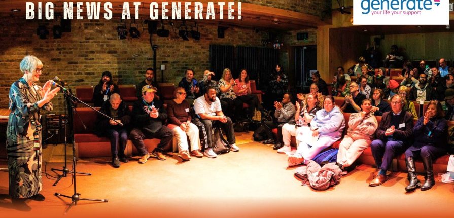 Alison Love, Generate CEO, talks to a group of people (members, carers, staffs and partners) during Generate's 2026 AGM at Tara theater.