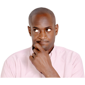 Man in a pink shirt with a thoughtful expression, hand on chin.