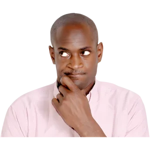 Man in a pink shirt with a thoughtful expression, hand on chin.